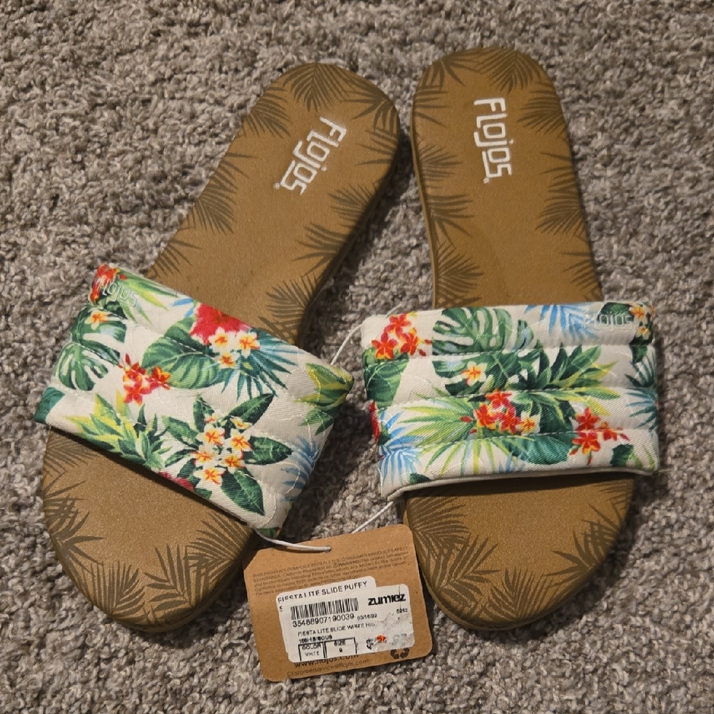 Flojos Tropical Floral Slide Sandals - Green and Tan